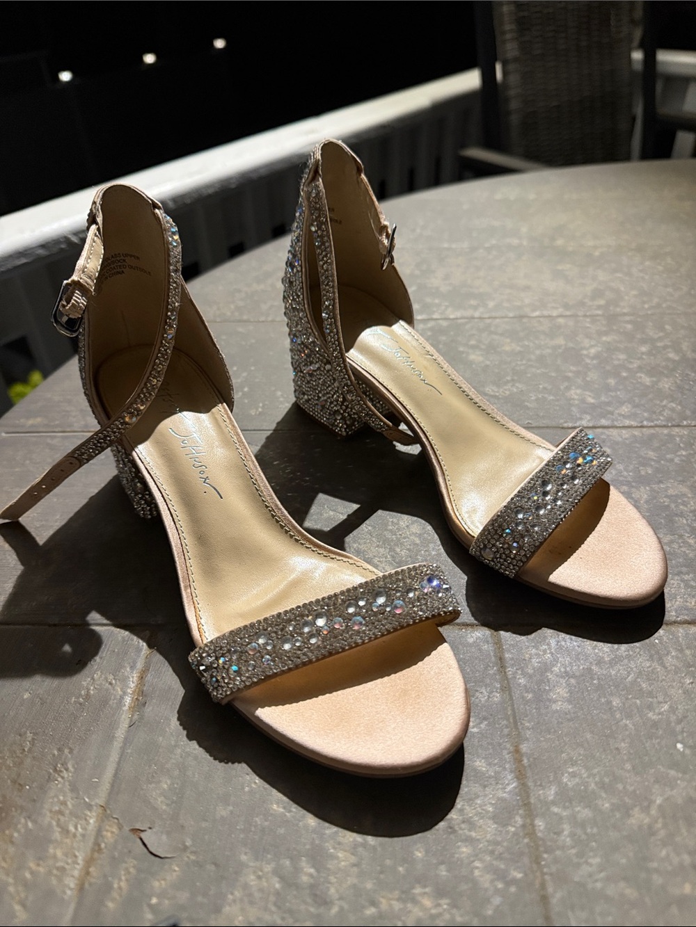 Betsey Johnson Blush Crystal Block Heel Sandals cinderella shiny party fairytale